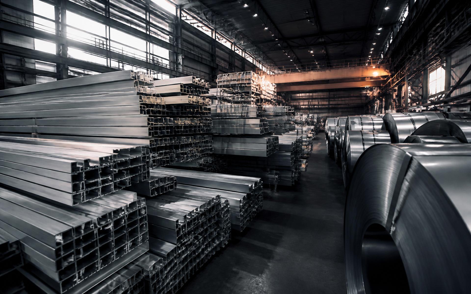 Stacked aluminium extrusion profiles and steel coils inside an industrial processing facility